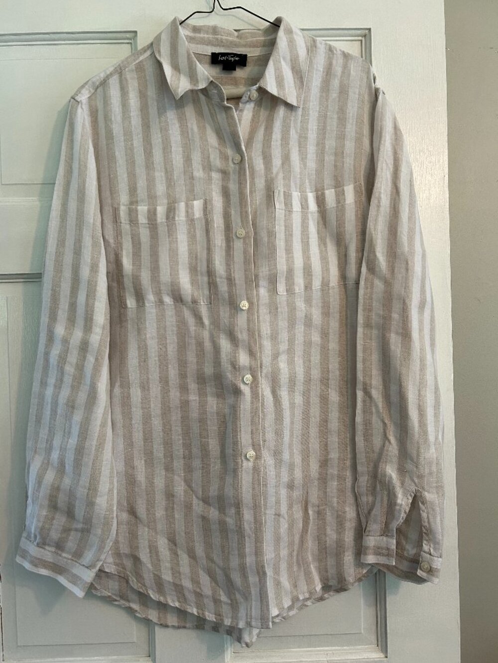 LORD and TAYLOR 100% Linen White and Tan Stripe Oversized Shirt. - Picture 3 of 3